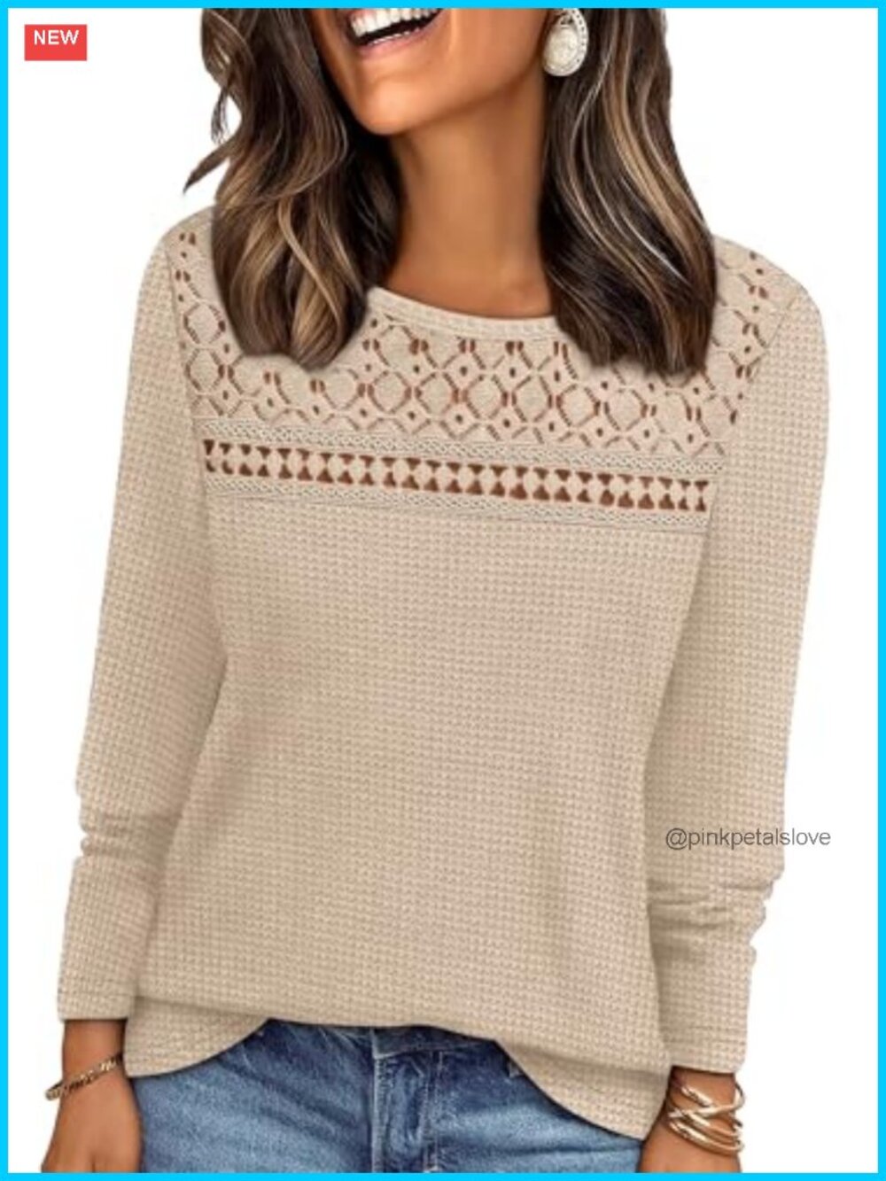 Womens Lace Long Sleeve Waffle Knit Sweater Top Dressy Casual Blouse